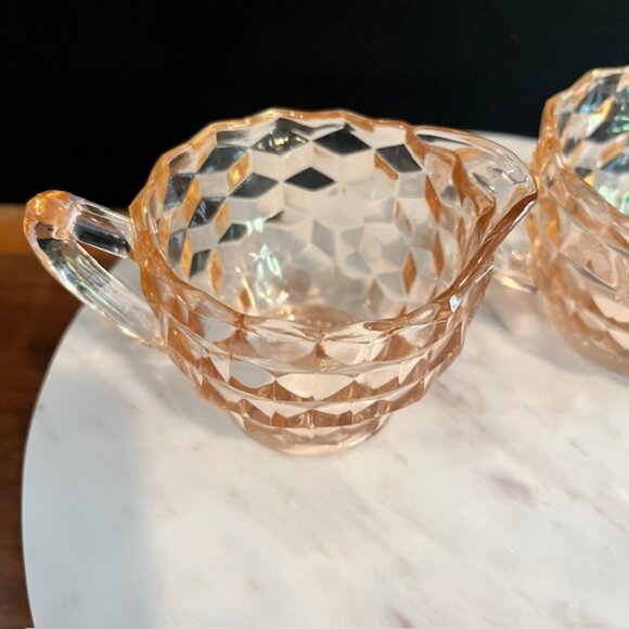 Pink Depression Glass Cubist Jeanette Mid Century MCM Sugar and Creamer - Picture 6 of 10